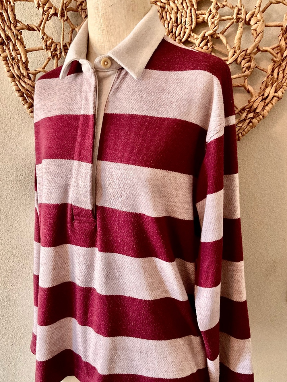 Faherty Burgundy and Cream Striped Long Sleeve Polo. Great condition. Medium
